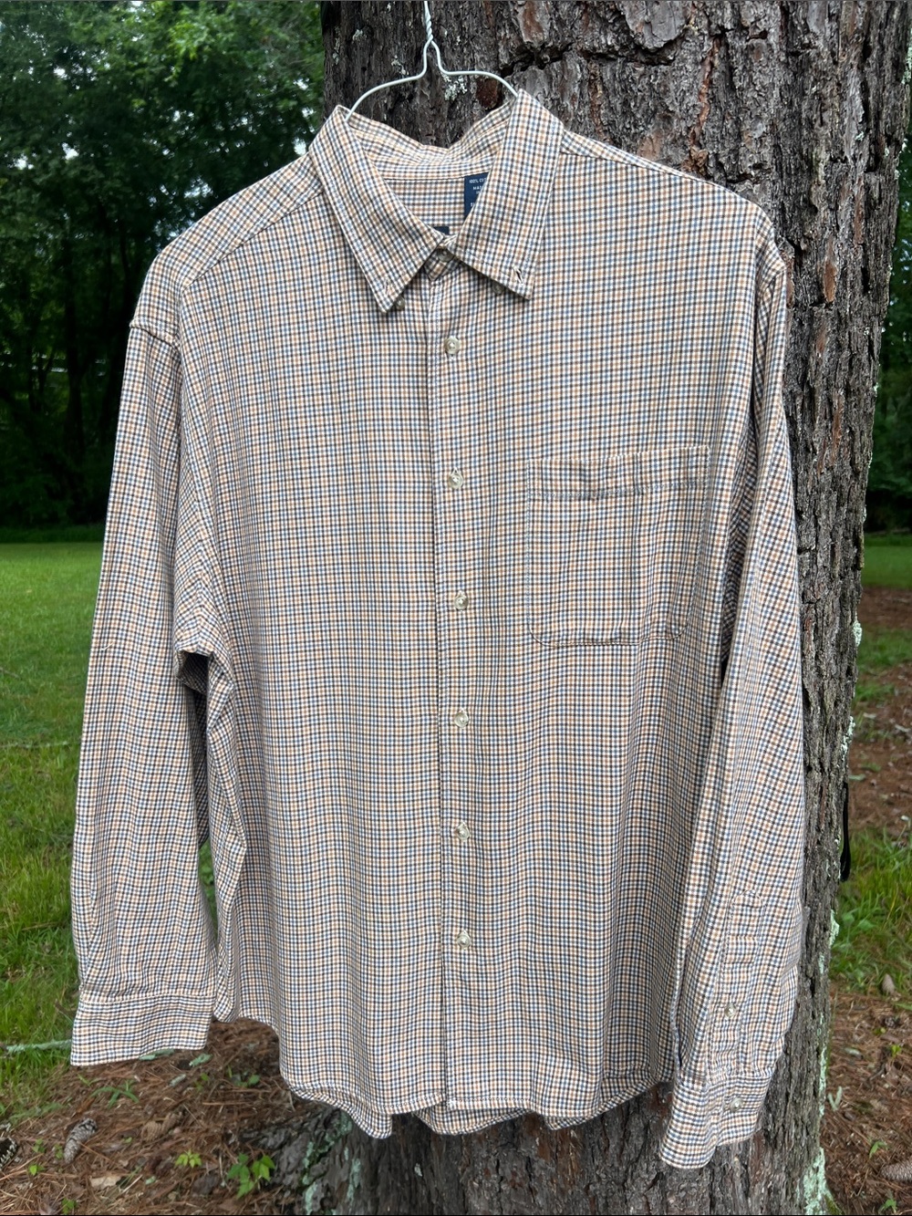 Izod Men’s Long-Sleeve Button-Down Shirt in Tan and Blue Check